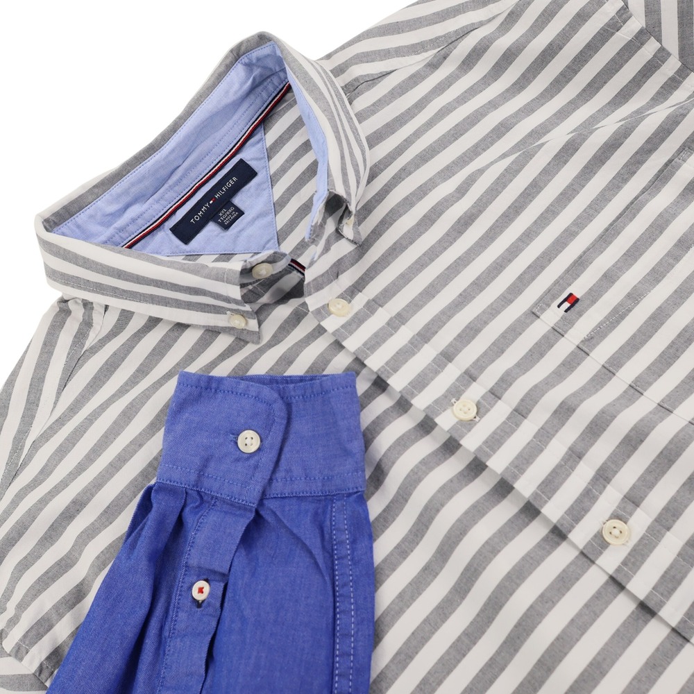 Tommy Hilfiger Mens XXL Striped Colorblock Button Down Shirt Grey Blue LS